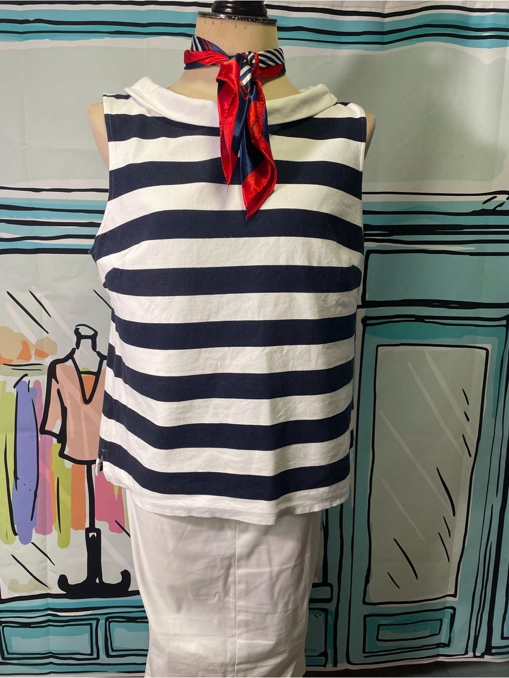Talbots Navy and White Striped Sleeveless Boatneck Tank